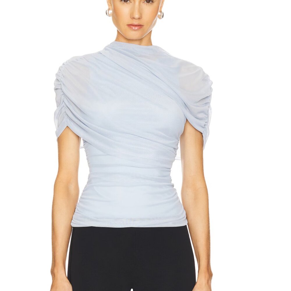 NEW Amanda Uprichard REVOLVE Evianna Top Baby Blue Short Sleeve Draped Tee Shirt